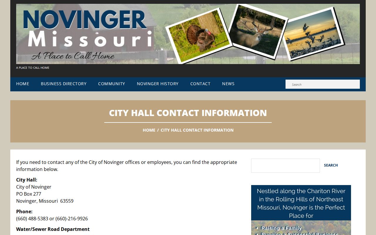 Novinger City Hall contact page