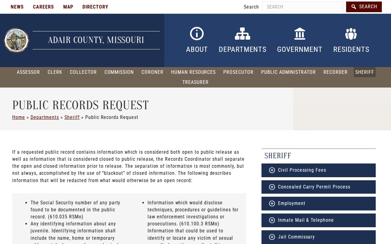 Adair County Sheriff written records request page